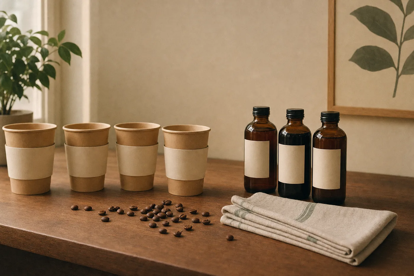 A row of kraft paper cups with cream sleeves beside three amber bottles of house-made syrup and a linen napkin.