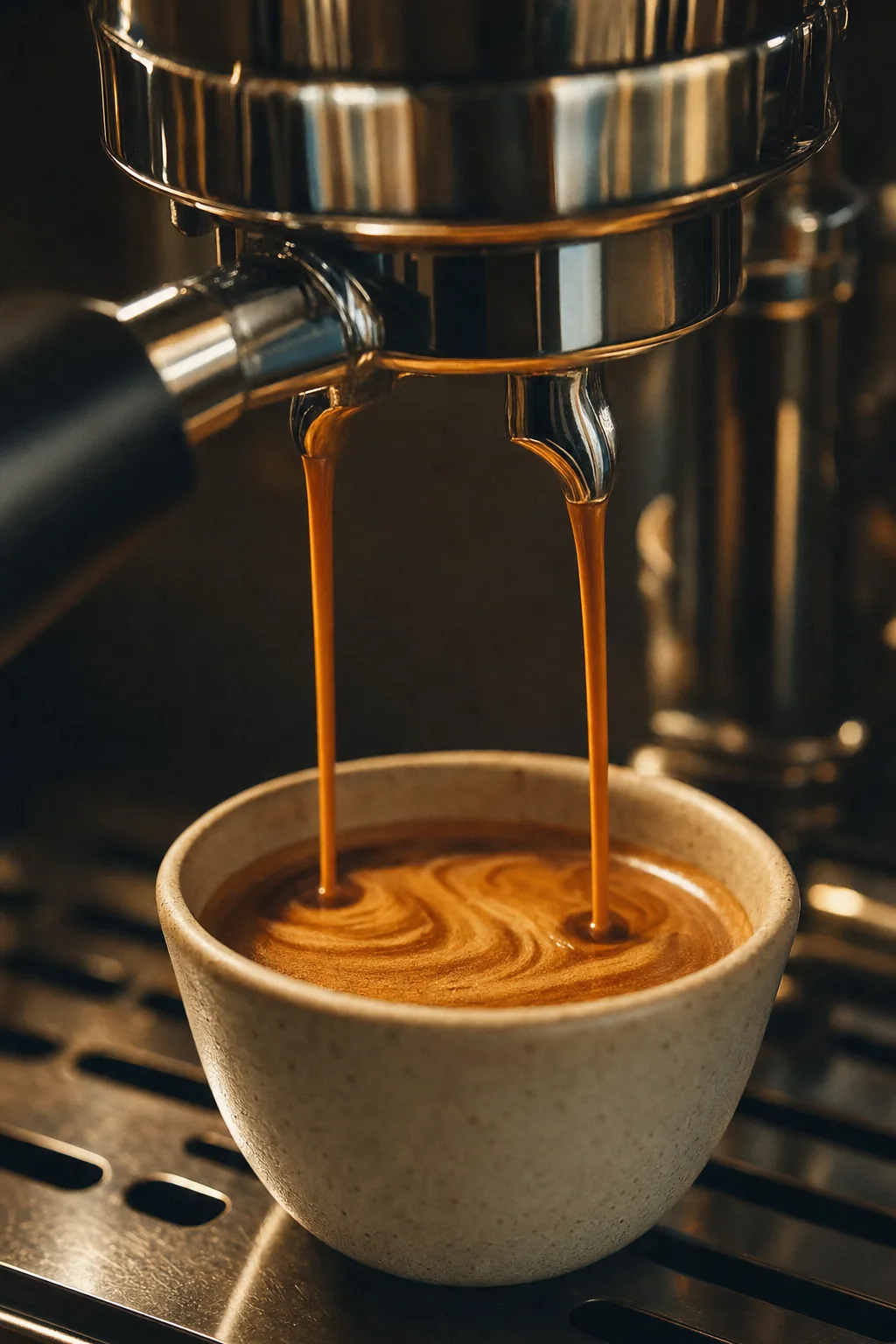 Two amber streams of espresso extracting from a chrome portafilter into a cream ceramic cup.