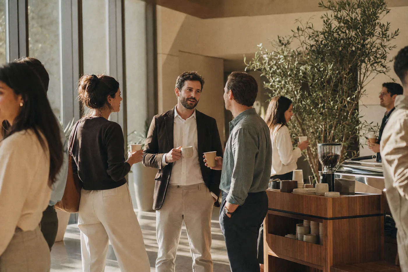 Guests in smart-casual attire holding coffee cups and talking near a wooden coffee cart in a sunlit office lobby.