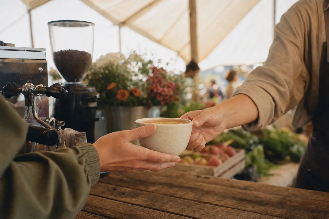 A barista handing a ceramic cup of coffee across a wooden market table with flowers and produce behind.