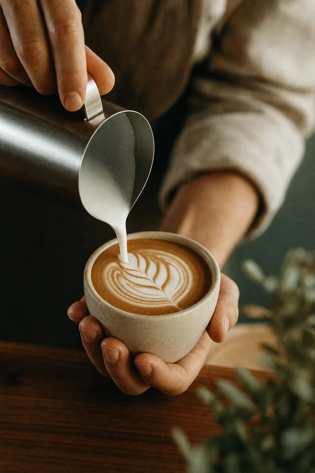A barista's hands pouring a rosetta latte-art pattern into a small cream ceramic cup.
