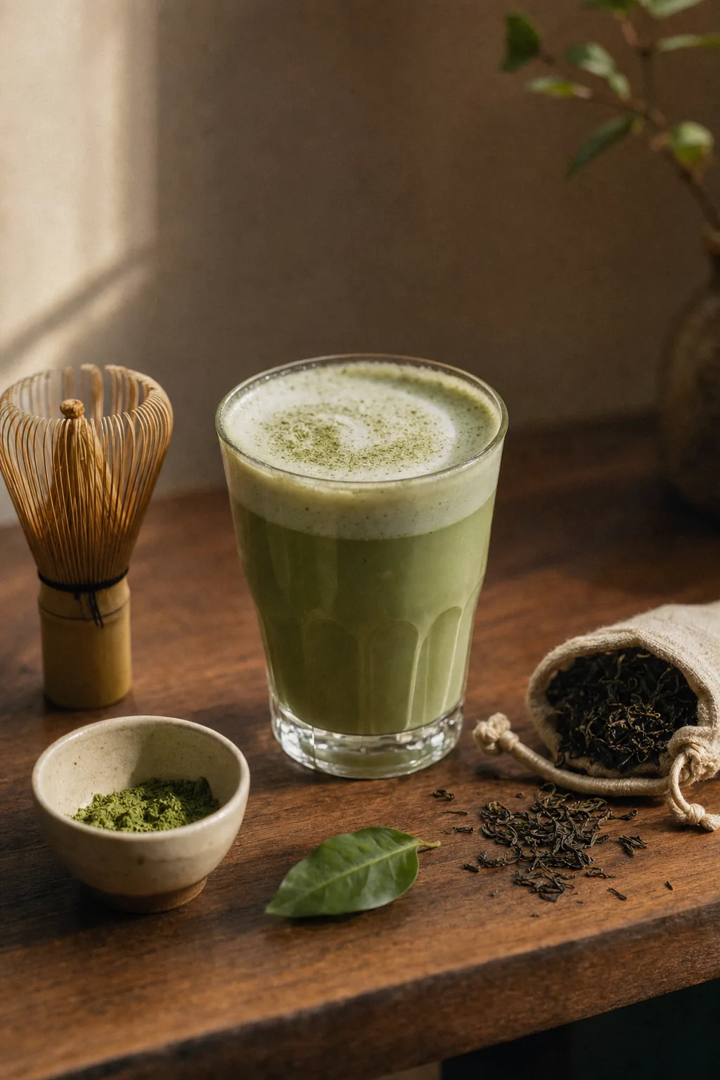 A matcha latte in a glass beside a bamboo whisk, a bowl of matcha powder and loose-leaf tea on a walnut table.