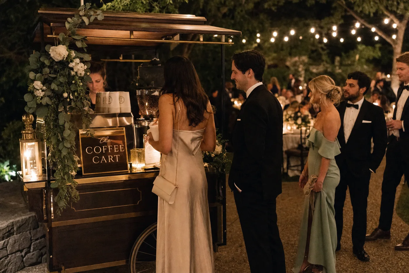 Wedding guests waiting at a warmly lit wooden coffee cart trimmed with eucalyptus and white florals during an evening reception.